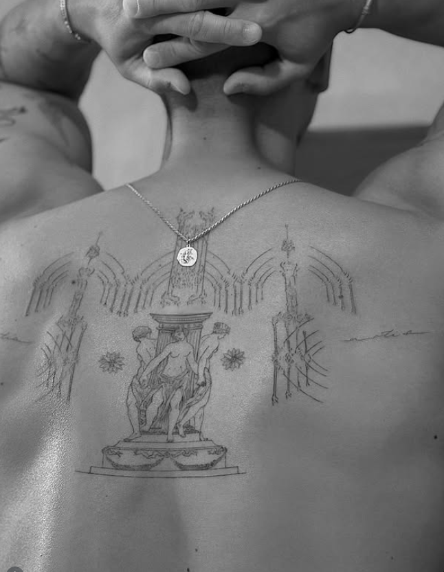 Fine line back tattoo Bonn — classical figures single needle tattoo by koko Tattoo